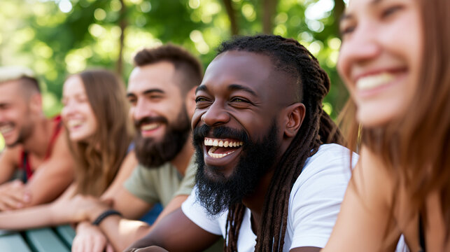 Summer picnic friendship, diverse young group laughing beside table, sunlit park greenery, clean bokeh, serotonin mood, joyful bonding, carefree social memory.