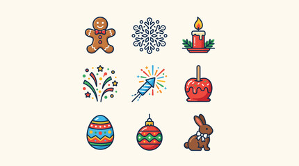 Fototapeta premium Set of colorful holiday and celebration icons in flat design style.