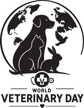 World veterinary day logo with dog cat and rabbit silhouettes and earth globe map