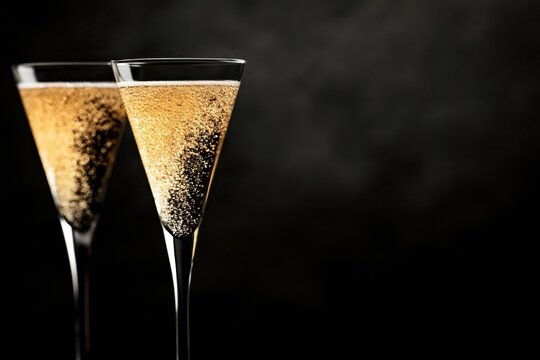 Two champagne glasses filled with sparkling drink ready for celebration