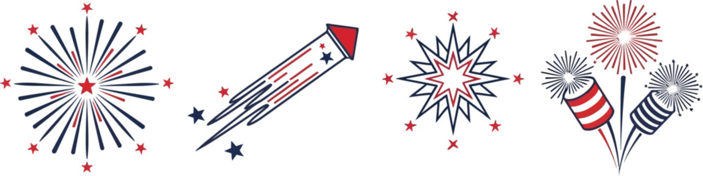 Rocket and firework icons presented in a patriotic red, white, and blue color palette.