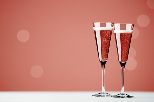 Two glasses filled with sparkling drink stand together on a surface against a blurred background with soft light