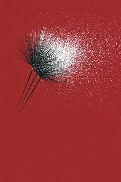 Puff of white powder on a red background with black spikes creating a striking visual contrast