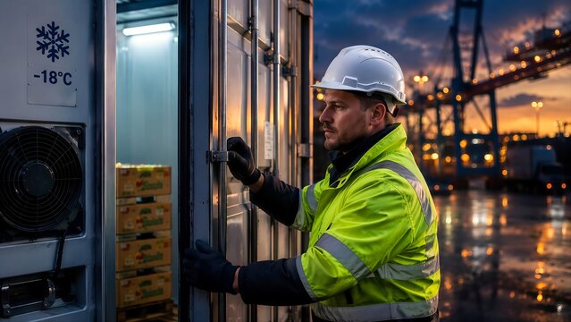 Port logistics inspector opening refrigerated container with boxes. Smart cold chain management with worker checking reefer cargo unit at commercial shipping terminal at sunset