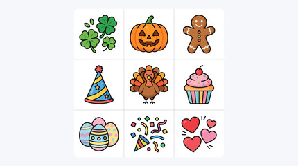 Fototapeta premium Set of colorful holiday and celebration themed hand drawn doodle icons.