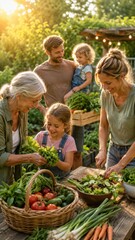 Fototapeta premium Family harvesting vegetables together in lush garden, organic food, healthy lifestyle, sustainability, generations