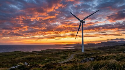 Obraz premium Wind turbine silhouetted against dramatic sunset over ocean landscape