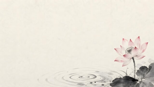 Minimalist Single Pink Lotus Flower Blooming Above Rippling Water Ink Wash Background Banner