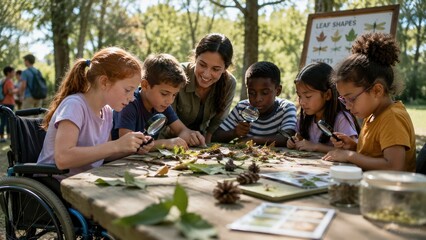 Fototapeta premium Children exploring leaves and pinecones during outdoor lesson, inclusive learning, nature, science, ecology