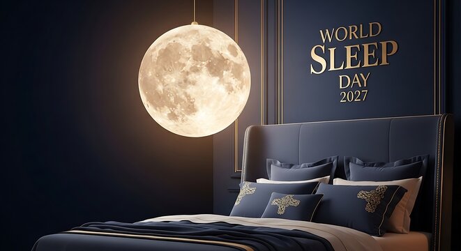 Luxury bedroom interior with moon light and world sleep day text
