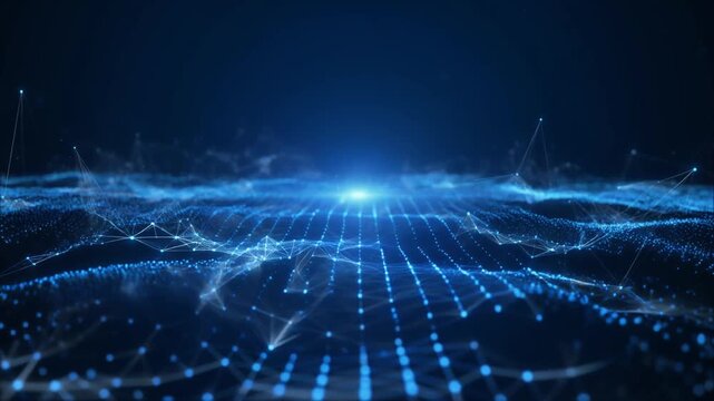 Neural network and deep learning concept animation. Glowing blue artificial intelligence nodes connected by light beams. Hexagonal grid with data flow visualization.