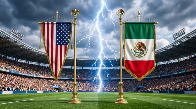 usa vs mexico soccer flags on field with lightning