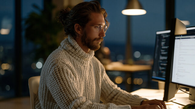 Backend developer seated in a dim open-plan office at twilight blue hour, reviewing AI-suggested pull requests on a large monitor, a second screen showing test coverage reports,