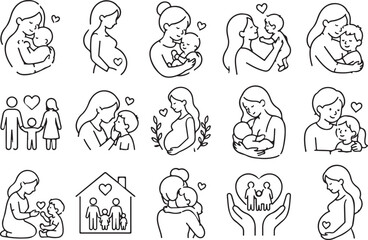 Obraz premium Set of line icons showing mothers with children and pregnancy in black and white