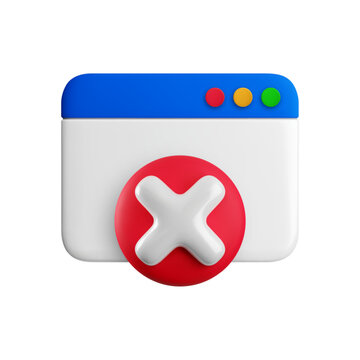Vector cartoon 3d browser error icon. Realistic render of website page icon with red rejection X cross symbol. Cancel button, denied access sign, close, delete icon for web, app, design.