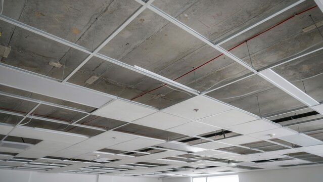 Ceiling panels feature a suspended grid structure with visible concrete slabs and white acoustic tile sections.