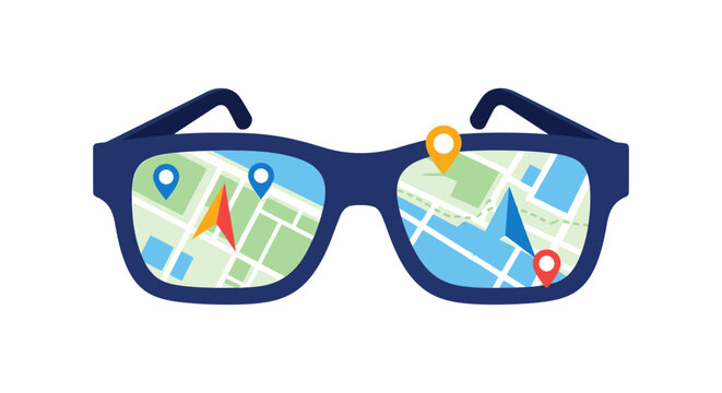 Smart Glasses with Augmented Reality AR Navigation Map and Location Pins. Conceptual Vector Illustration of Wearable Technology, GPS Tracking, and Future Travel.