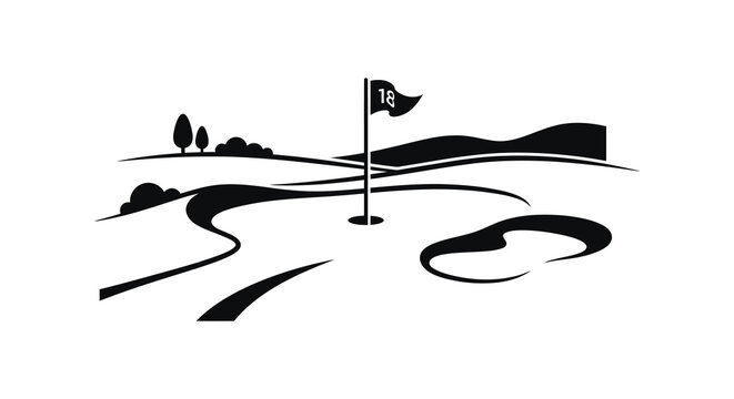 Golf course landscape with flag and water hazard black silhouette