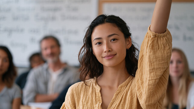ESL classroom scene of adult immigrant student hesitantly raising hand while teacher waits patiently, whiteboard covered with conversational English phrases, evening community