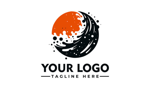 Abstract orange sun and black wave circular emblem vector logo illustration