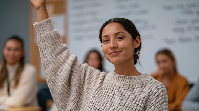 ESL classroom scene of adult immigrant student hesitantly raising hand while teacher waits patiently, whiteboard covered with conversational English phrases, evening community