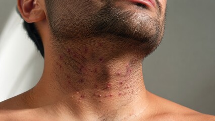 Fototapeta premium Close-up of male neck with red irritated pimples and acne skin inflammation on beard area