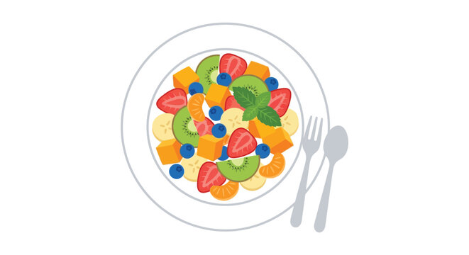 Sliced fruit salad with fork and knife flat vector silhouette