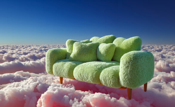 Fluffy pastel green sofa floating above clouds