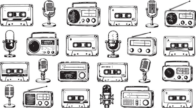 Set of hand drawn retro music icons with vintage radio cassette and microphone