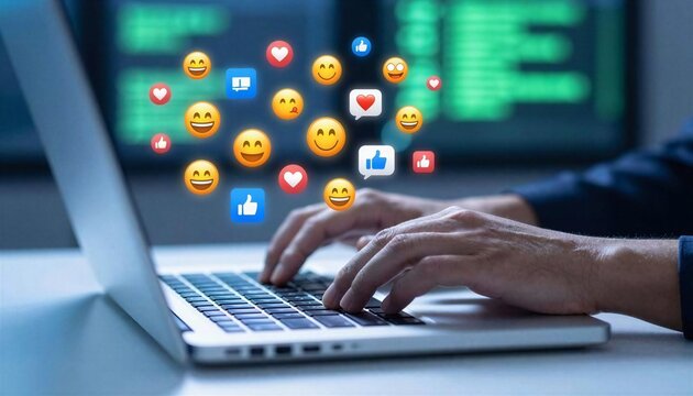 Hands typing on laptop with flying social media interaction emojis conceptual digital communication.