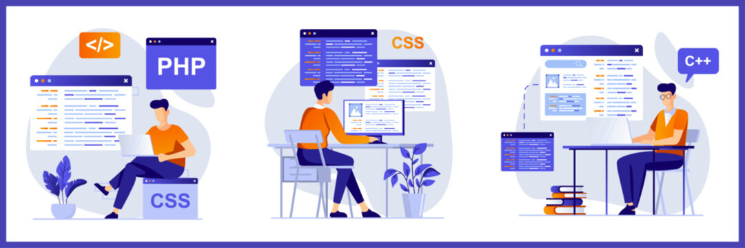 Collection of illustrations featuring software developers coding in different languages like PHP, CSS, and C++ and showcasing modern web development
