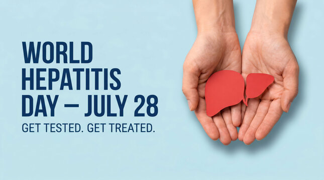 World Hepatitis Day July 28 awareness banner, human hands holding red liver paper cutout, medical healthcare concept on light blue background