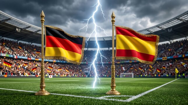germany vs spain soccer flags on field with lightning