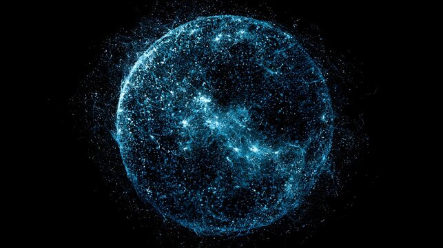 Bright cyan glowing particle plasma sphere smooth flowing nebula waves dense shimmering micro dots deep black background futuristic sci fi energy orb fluid cold luminous motion digital art
