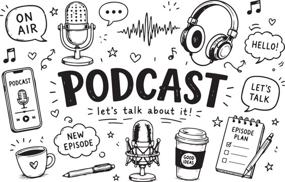 Hand drawn podcast elements with microphone headphones and speech bubbles doodle set