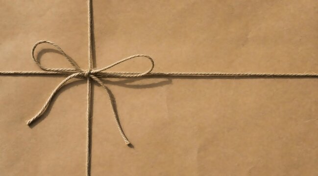Brown paper package with rustic natural twine string tied in a bow, blank background