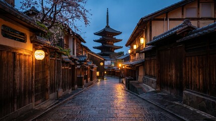 Yasaka Pagoda and traditional street in Higashiyama, Kyoto at twilight, Japan © Cagken