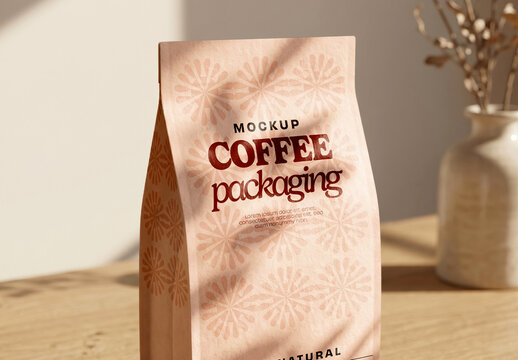 Flat Bottom Bag Packaging Mockup on Wooden Table