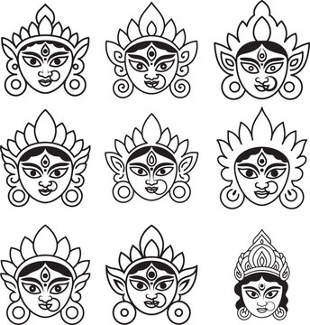 Goddess Durga Face Vector Icon Set