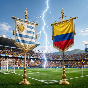 uruguay vs colombia soccer flags on gold stands