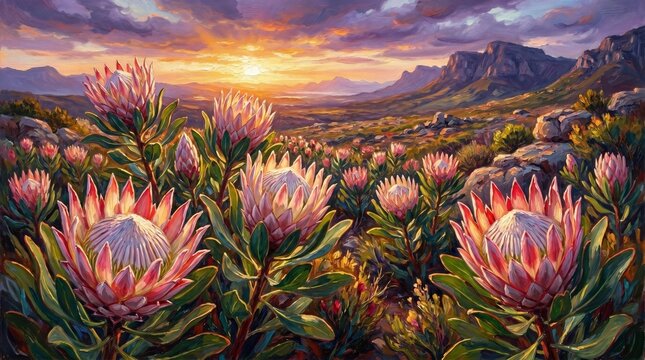 Impressionist Oil Painting of Giant King Protea Flowers in Mountain Landscape
