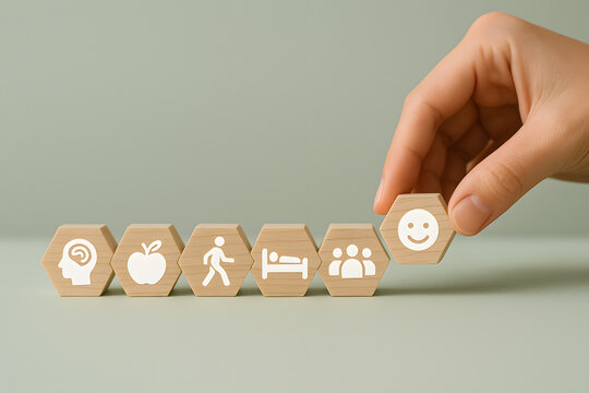 Hand placing wooden hexagon block with wellness lifestyle icons for healthy living concept