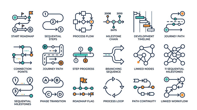 Collection of workflow icons, process diagrams and timeline charts | Stock Vector