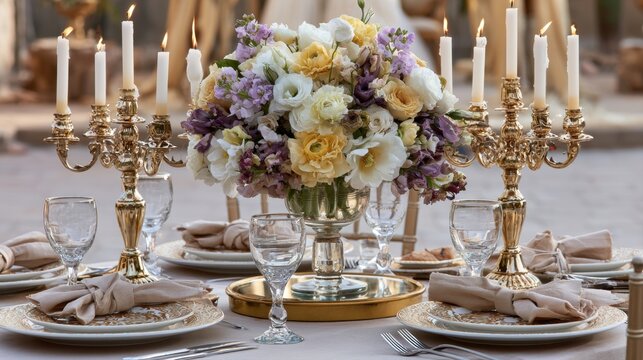 Luxurious wedding banquet table setting with elegant golden candelabras burning white wax candles beautiful floral centerpiece bouquet crystal wine glasses and decorative plates for luxury event