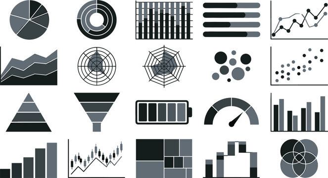 Business Infographic Graph and Chart Vector Icon Set Featuring Pie Chart Donut Graph Radar Diagram Bar Chart Candlestick and Financial Data Dashboard Elements