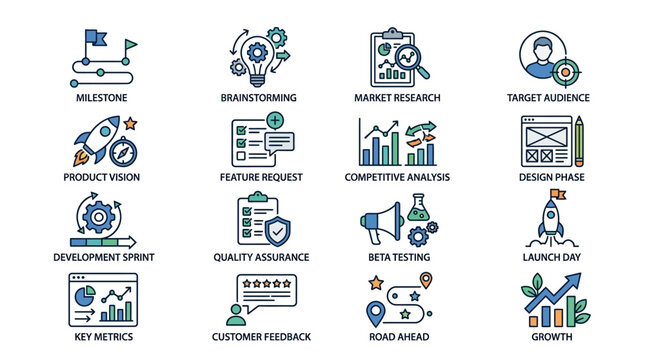 Business Strategy Icons: Milestone, Brainstorming, Market Research, Growth