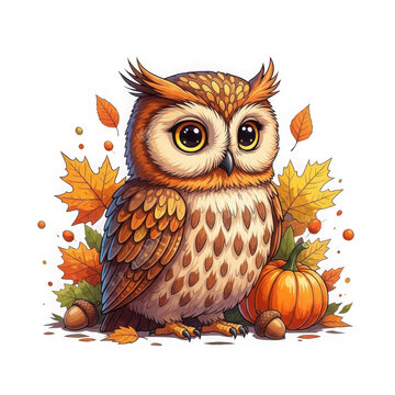 Pixel art owl with pumpkins and fall leaves