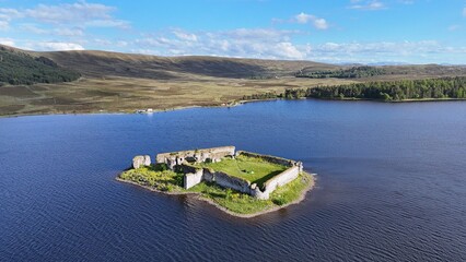 Aerial View of Lochindorb Castle Ruins on a Remote Island in the Scottish Highlands Scotland © Ramses