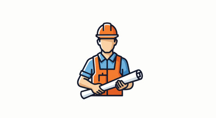 Fototapeta premium Male Professional Construction Worker or Engineer Holding Blueprints Vector Illustration Isolated on White Background