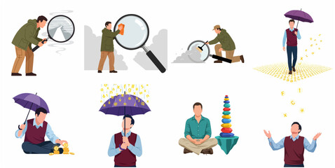 Fototapeta premium Conceptual business illustration set featuring a man in scenarios for data analysis, financial protection, research, and mindfulness.
